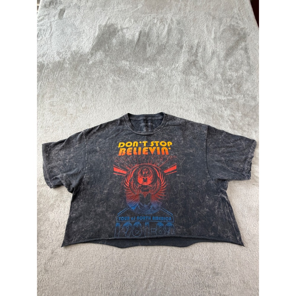 Journey Graphic T-Shirt Womens Large Gray Acid Wash Crop Top Band Tee